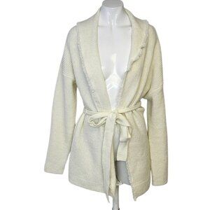 FRYE Womens Salt Breeze Cardigan, Large, Cream, Soft Knit Fringe, Tie Waist